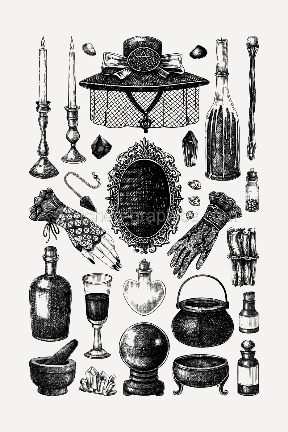 Boho witchcraft poster design template. Vintage Halloween background. Witch sketches. Hand-drawn vector illustration for print. Victorian fashion wall art.  NOT AI generated Illustration